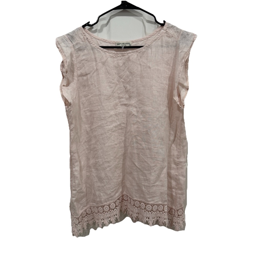 TERZO MILLENNIO Pink Blush Linen Top MADE IN ITALY EYELET TRIM Size Small S
